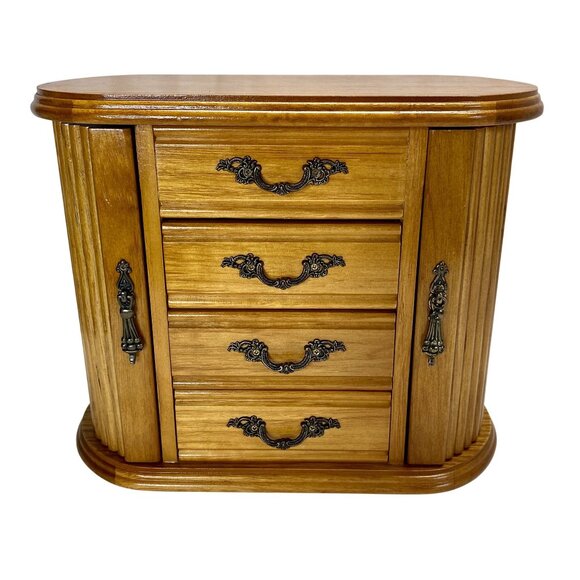 Wooden Jewelry Armoire With Mirror & Lined Drawers Rings Necklaces - Picture 1 of 9